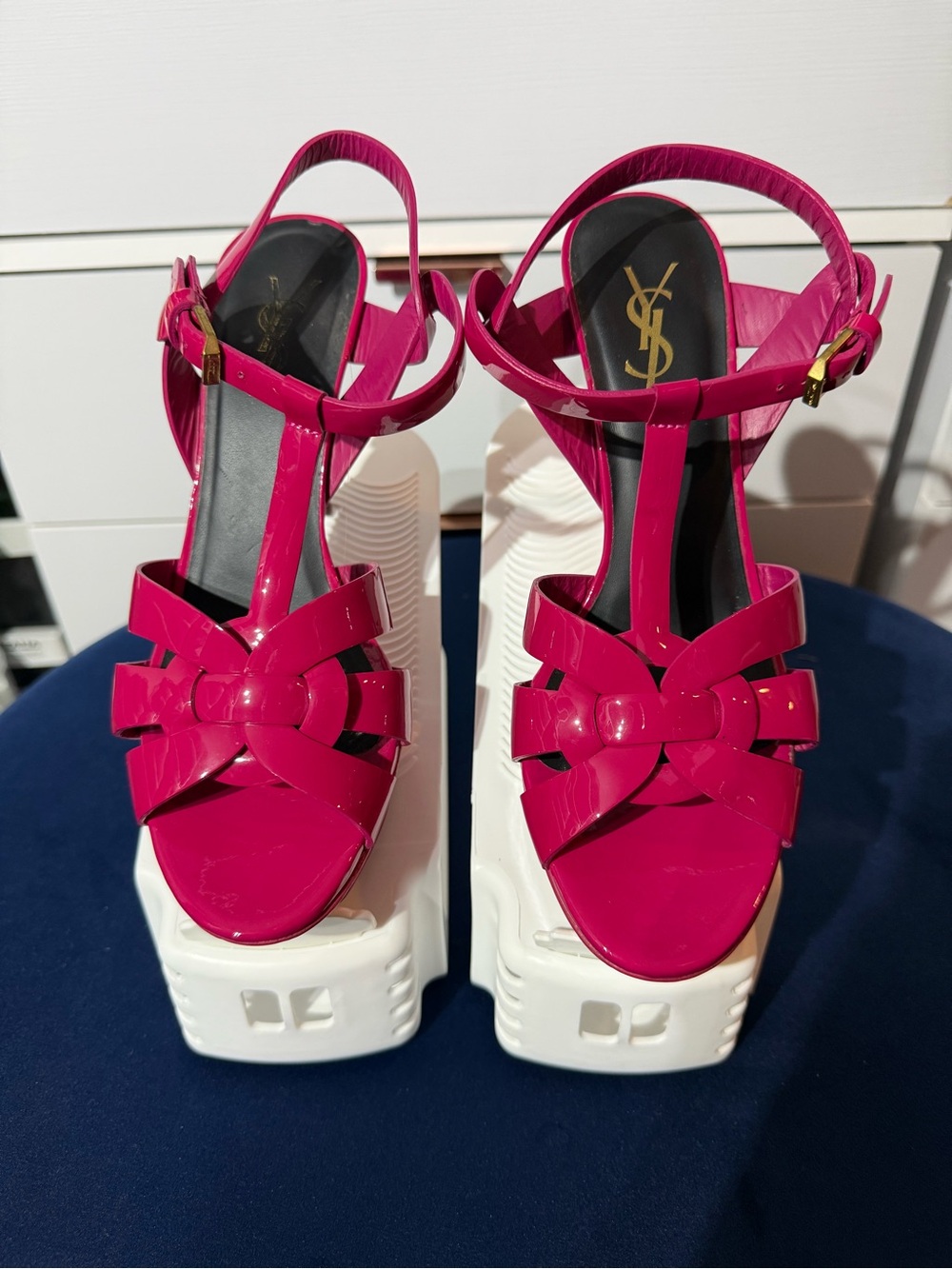 Yves Saint Laurent Cranberry Patent Leather Platform Sandals